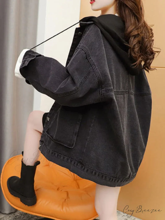 with - Hood Casual - Denim Spring Korean Fashion Black Women’s Jacket Patchwork Streetwear Style