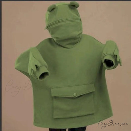 with Hooded Loose Pullover Autumn Letters Design and Harajuku - Frog Sweatshirt Women’s Casual Lovely Design Coat Army