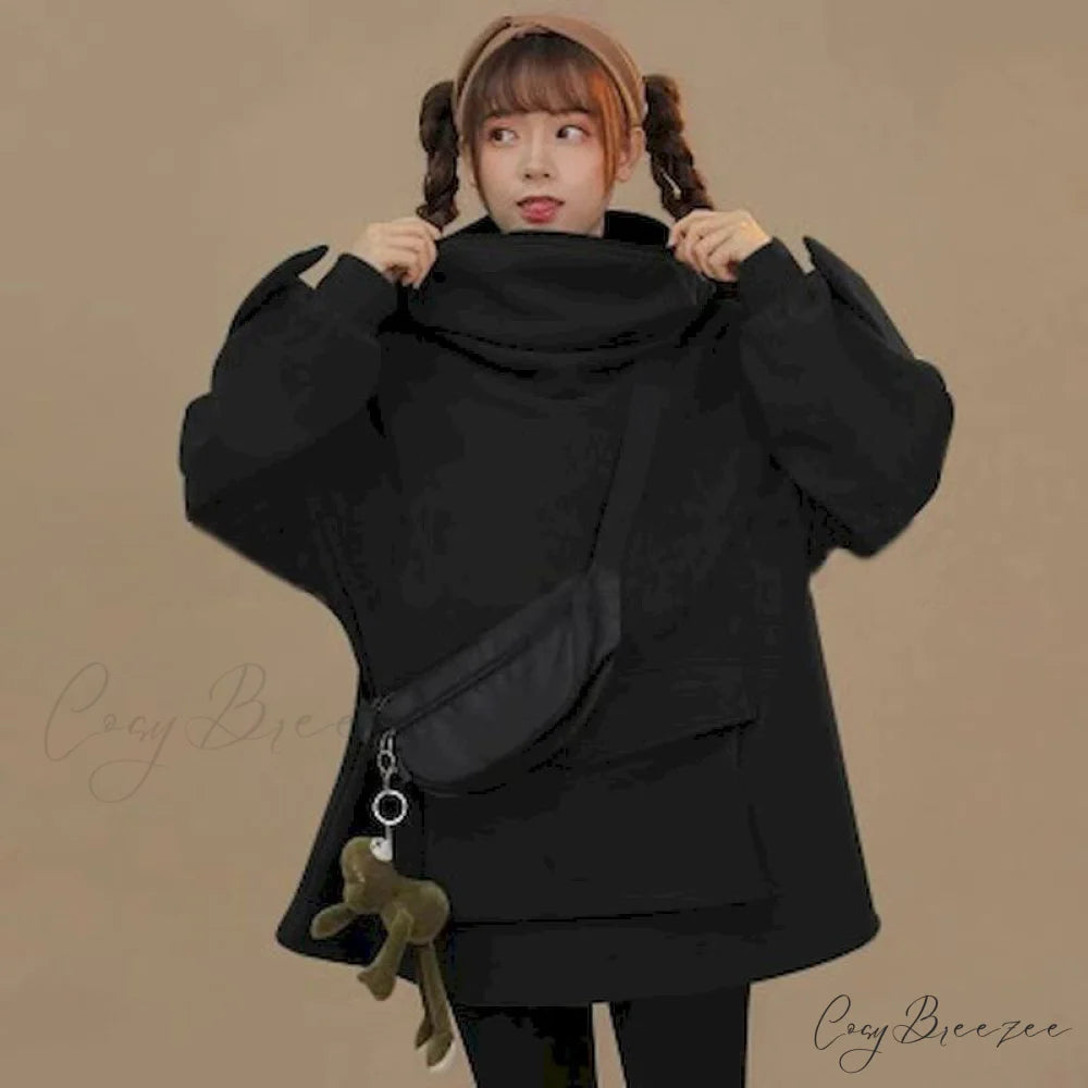 with Hooded Loose Pullover Autumn Letters Design and Harajuku - Frog Sweatshirt Women’s Casual Lovely Design Coat black