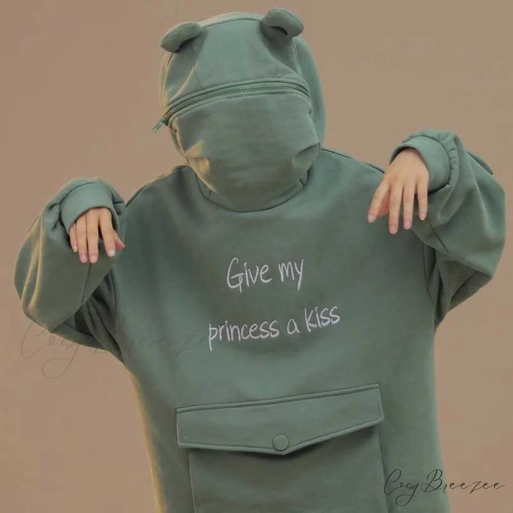 with Hooded Loose Pullover Autumn Letters Design and Harajuku - Frog Sweatshirt Women’s Casual Lovely Design Coat green