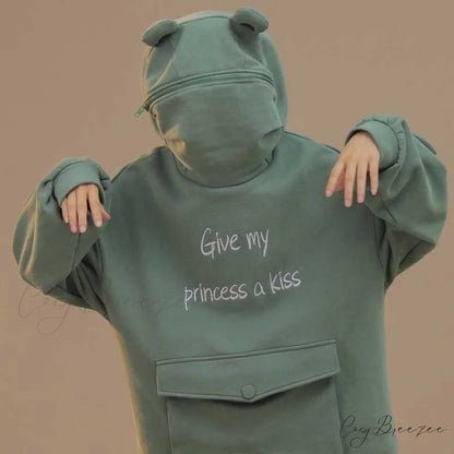with Hooded Loose Pullover Autumn Letters Design and Harajuku - Frog Sweatshirt Women’s Casual Lovely Design Coat green