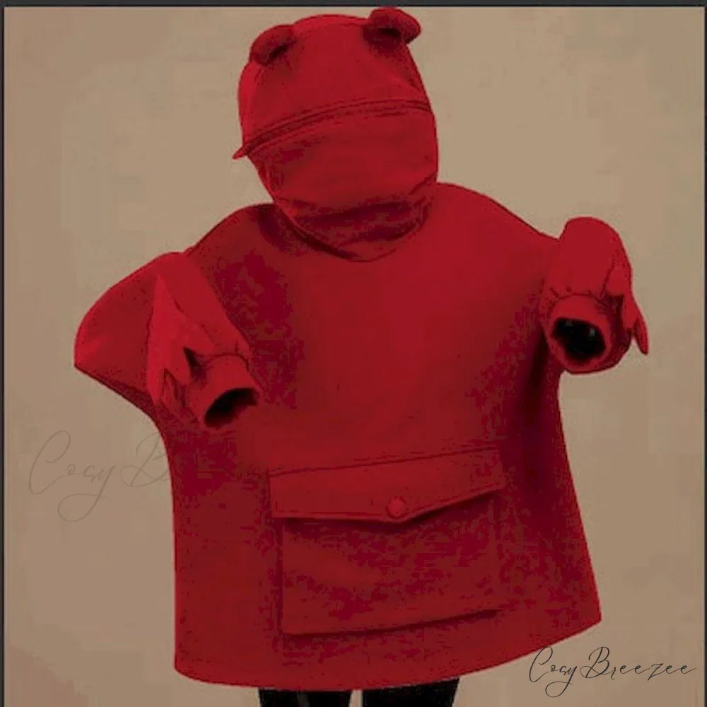 with Hooded Loose Pullover Autumn Letters Design and Harajuku - Frog Sweatshirt Women’s Casual Lovely Design Coat Red