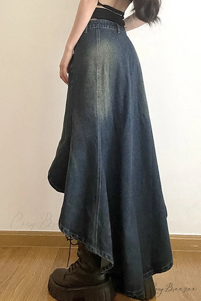 with Irregular Skirt Denim Distressed High Rise Wash Blue / L