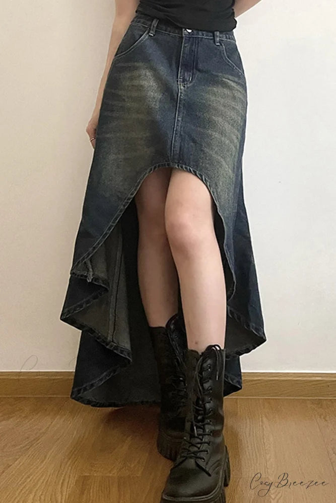 with Irregular Skirt Denim Distressed High Rise Wash Blue / M