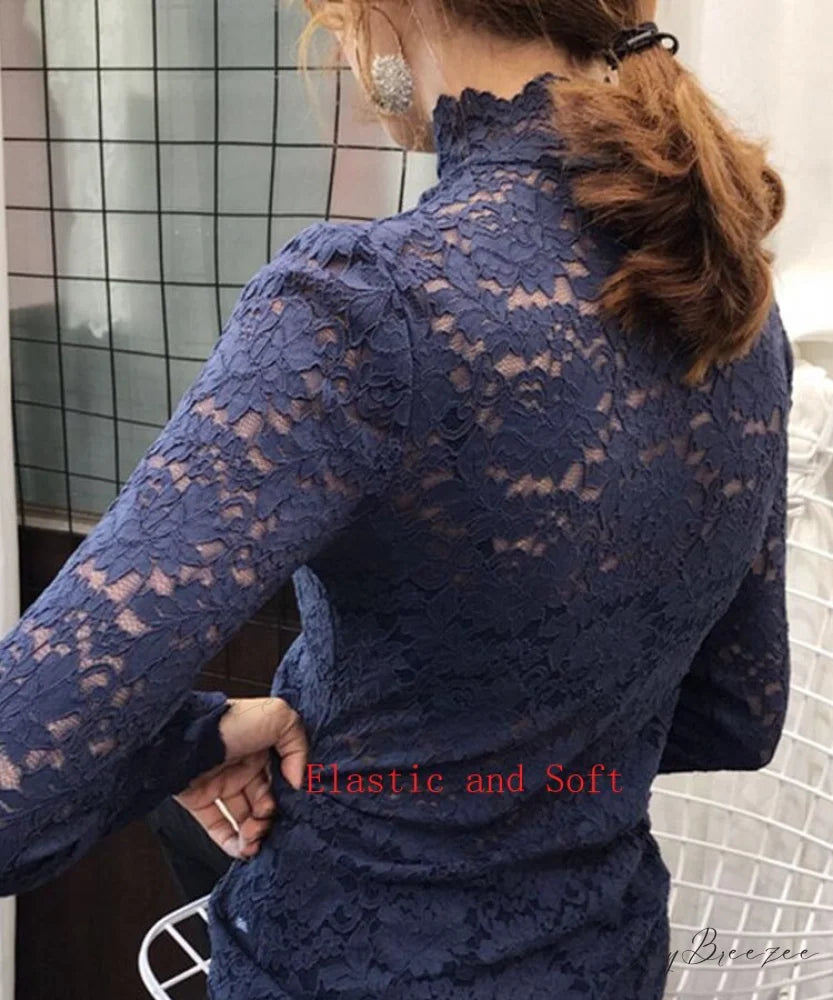 with Lace Size Plus Flowered Out Women - for Arm Solid Blouse Hollow Blouse Long Embroidery