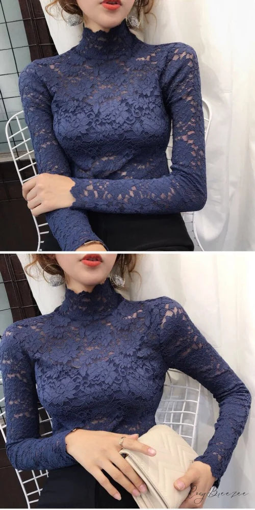 with Lace Size Plus Flowered Out Women - for Arm Solid Blouse Hollow Blouse Long Embroidery