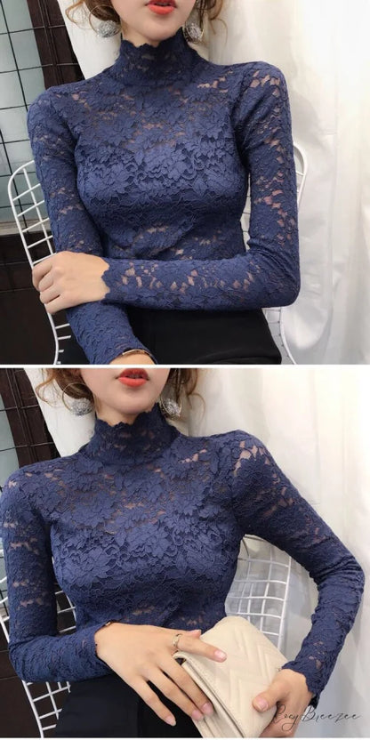 with Lace Size Plus Flowered Out Women - for Arm Solid Blouse Hollow Blouse Long Embroidery