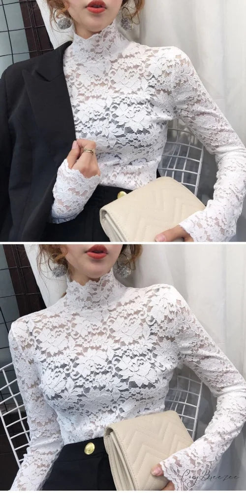 with Lace Size Plus Flowered Out Women - for Arm Solid Blouse Hollow Blouse Long Embroidery
