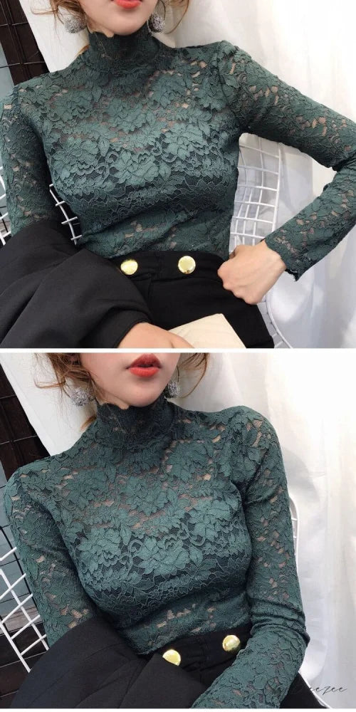 with Lace Size Plus Flowered Out Women - for Arm Solid Blouse Hollow Blouse Long Embroidery