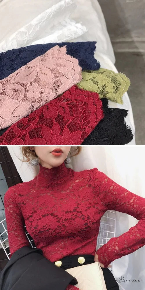 with Lace Size Plus Flowered Out Women - for Arm Solid Blouse Hollow Blouse Long Embroidery