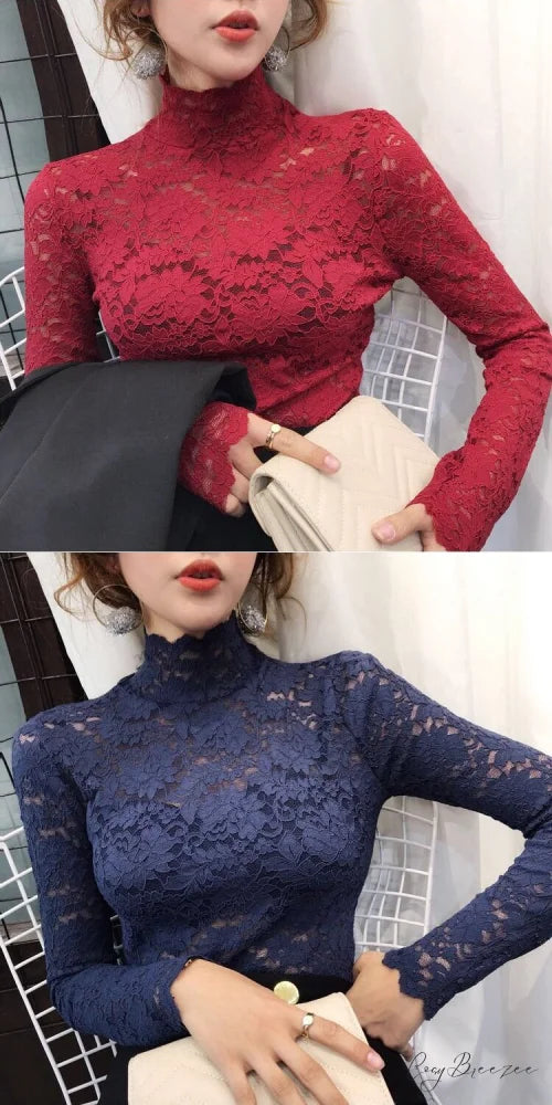with Lace Size Plus Flowered Out Women - for Arm Solid Blouse Hollow Blouse Long Embroidery