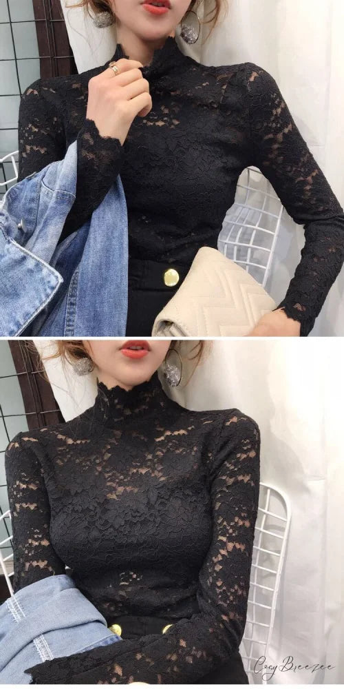 with Lace Size Plus Flowered Out Women - for Arm Solid Blouse Hollow Blouse Long Embroidery