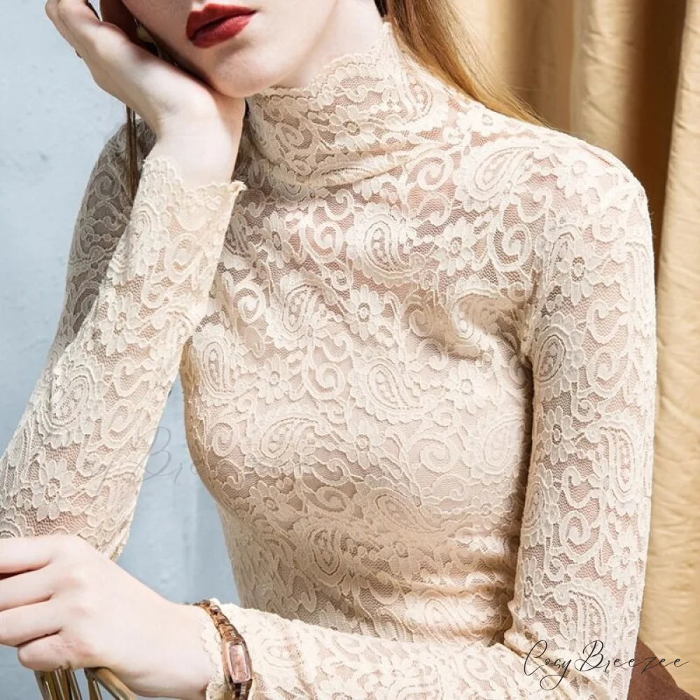 with Lace Size Plus Flowered Out Women - for Arm Solid Blouse Hollow Blouse Long Embroidery S / Beige