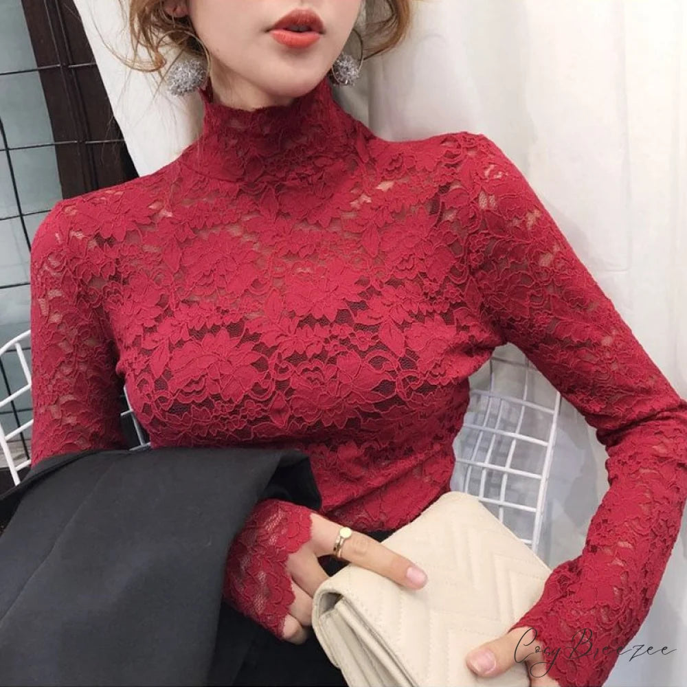 with Lace Size Plus Flowered Out Women - for Arm Solid Blouse Hollow Blouse Long Embroidery S / Burgundy