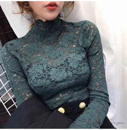 with Lace Size Plus Flowered Out Women - for Arm Solid Blouse Hollow Blouse Long Embroidery S / Dark Green