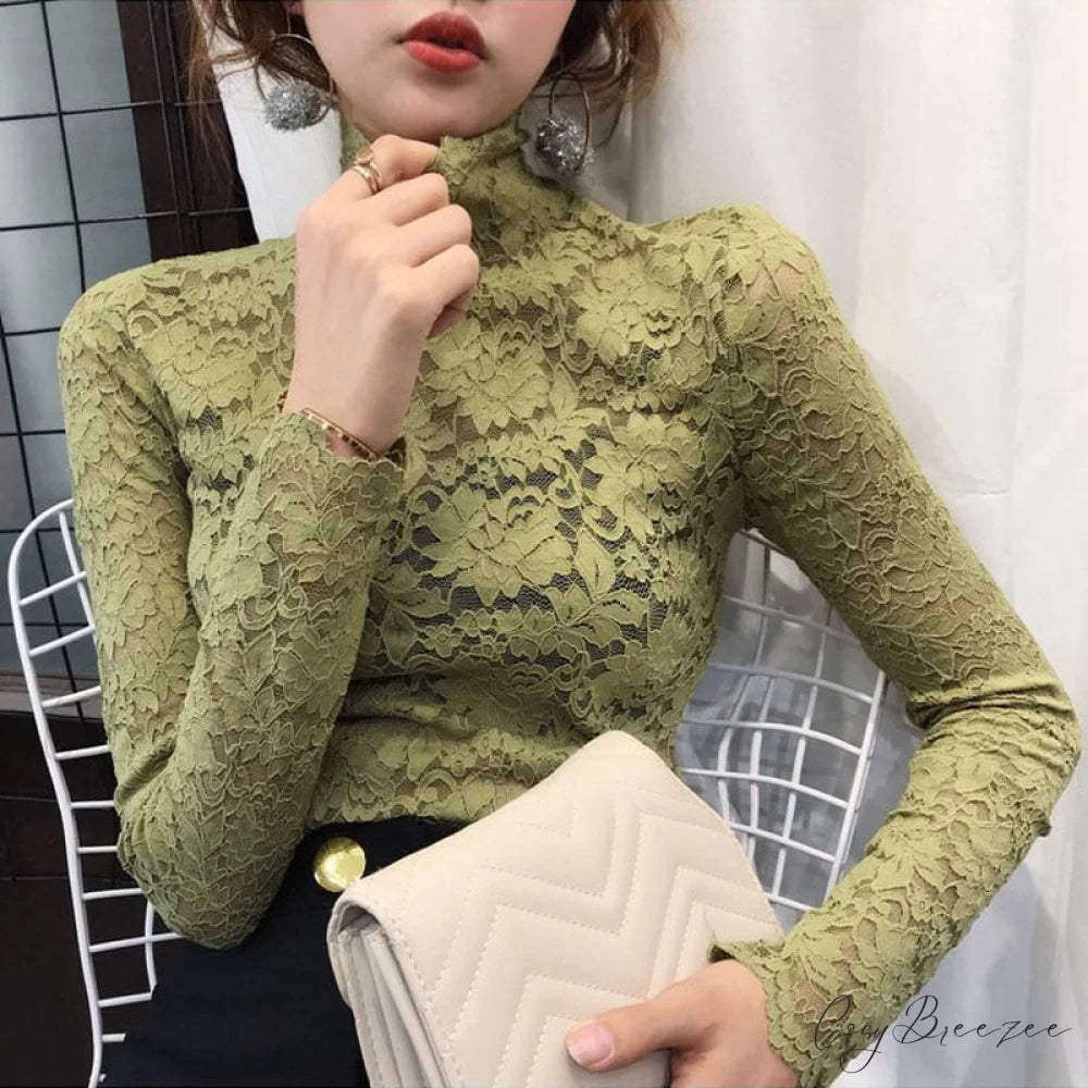 with Lace Size Plus Flowered Out Women - for Arm Solid Blouse Hollow Blouse Long Embroidery S / Light Green