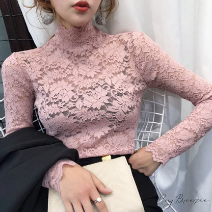 with Lace Size Plus Flowered Out Women - for Arm Solid Blouse Hollow Blouse Long Embroidery S / Pink