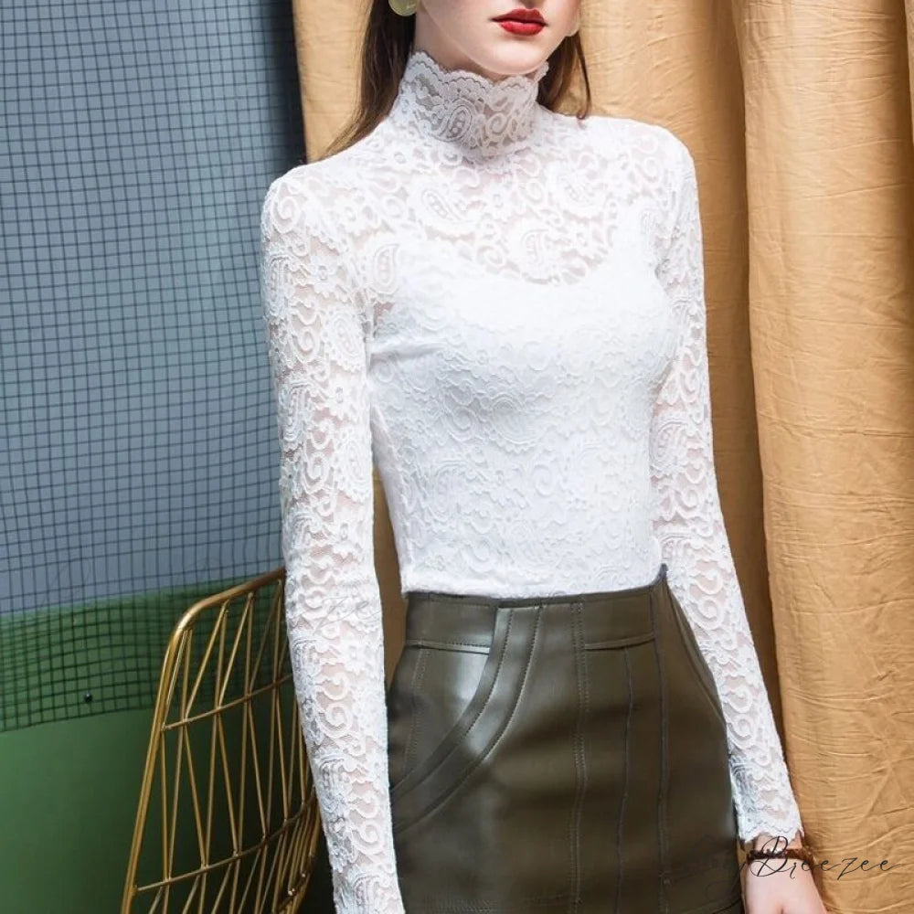 with Lace Size Plus Flowered Out Women - for Arm Solid Blouse Hollow Blouse Long Embroidery S / White 01