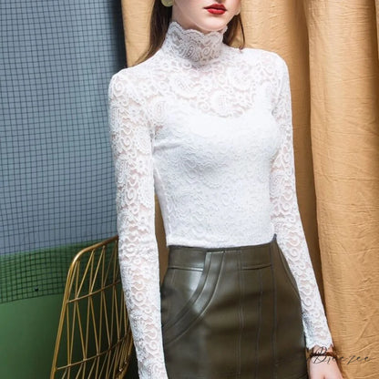 with Lace Size Plus Flowered Out Women - for Arm Solid Blouse Hollow Blouse Long Embroidery S / White 01
