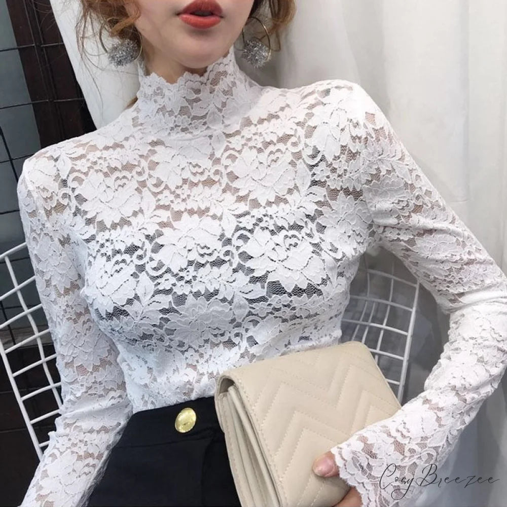 with Lace Size Plus Flowered Out Women - for Arm Solid Blouse Hollow Blouse Long Embroidery S / white