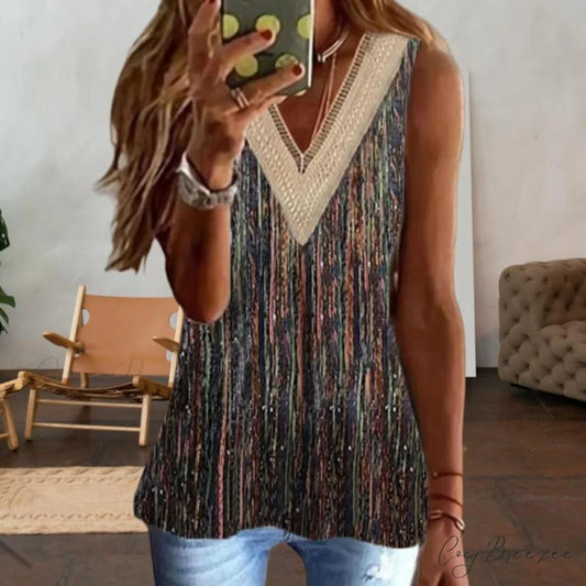 with Lace Tank Vintage Top V-Neck Multicolor / S