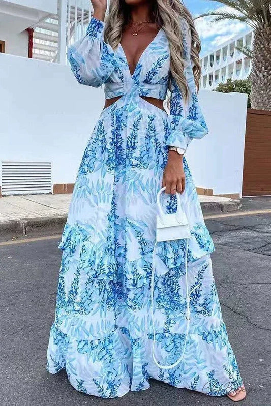 with Long Gown Bachelorette Design V-Neck Flowered Full-Length Sleeves S / Blue
