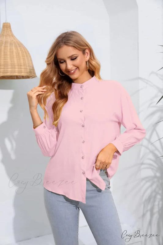 with Long Mock Arm Buttoned Blouse Neck Carnation Pink / S