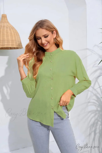 with Long Mock Arm Buttoned Blouse Neck Gum Leaf / S