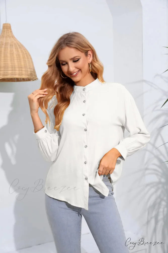 with Long Mock Arm Buttoned Blouse Neck White / S