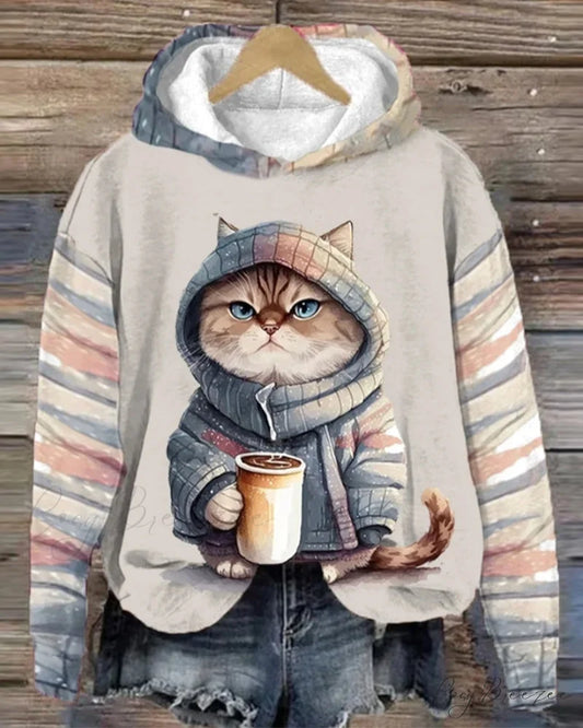 with Long-sleeved hoodie cat pattern Khaki / S