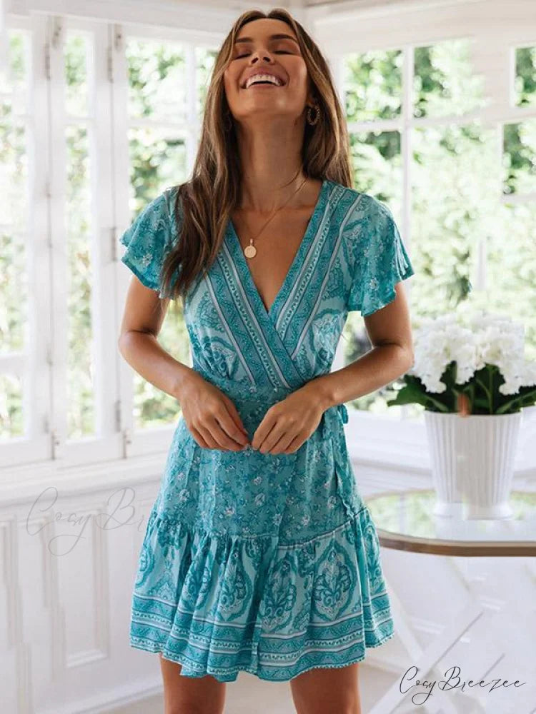with Mini Gown V-Neck Patterned Bandage L / LAKE BLUE