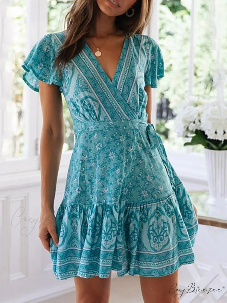 with Mini Gown V-Neck Patterned Bandage M / LAKE BLUE