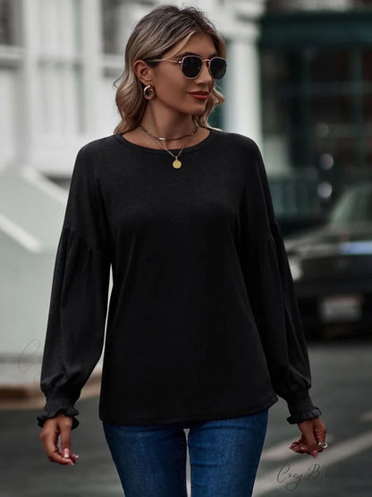 with Neck Dropped Flounce Round Arm and T-Shirt Shoulder Black / S