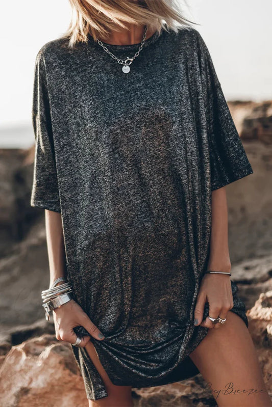 with Neck O Solid T-Shirt Casual Slit Black / S