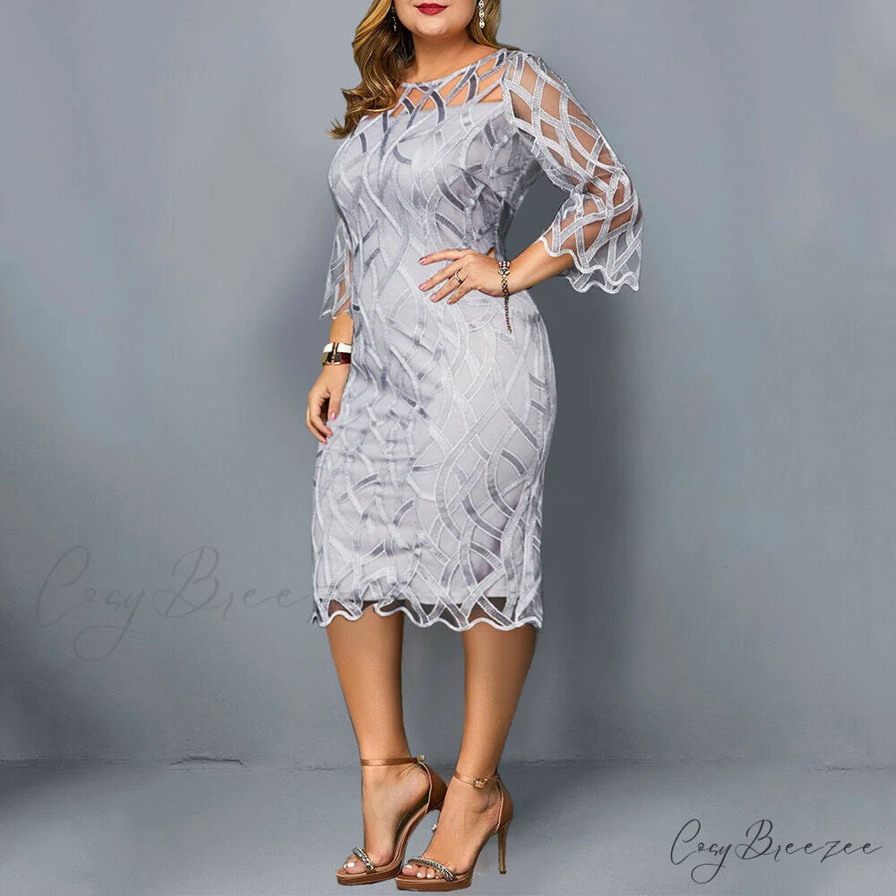 with Patchwork Women’s Gown Lace Flare Party Sleeves Gray / L