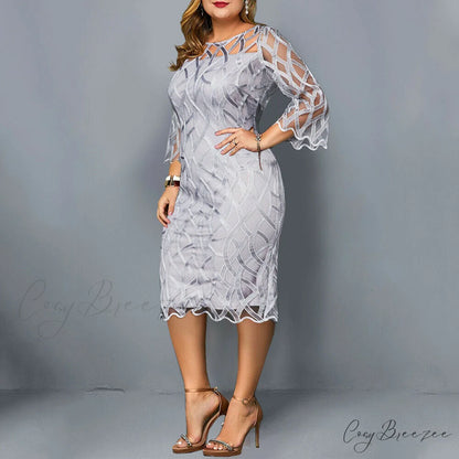 with Patchwork Women’s Gown Lace Flare Party Sleeves Gray / L