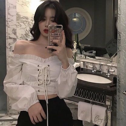 with Puff Up and Blouse Lace Vintage Ruffle Sleeves Detail White / One Size