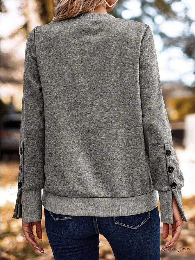 with Pullover Gray Sweatshirt Women’s Button Detail