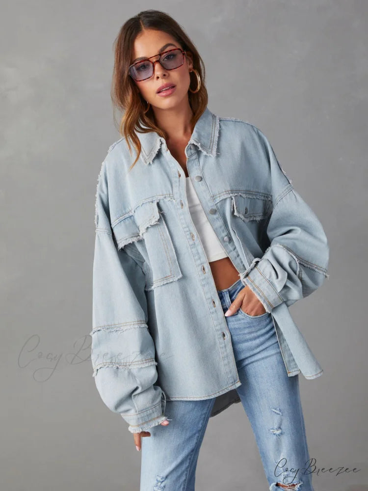 with Raw Jacket Dropped Hem Shoulder Misty Blue / S