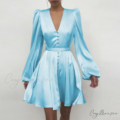 with Ruffle Lantern Gown Elegant Solid Women Sleeves Blue / S