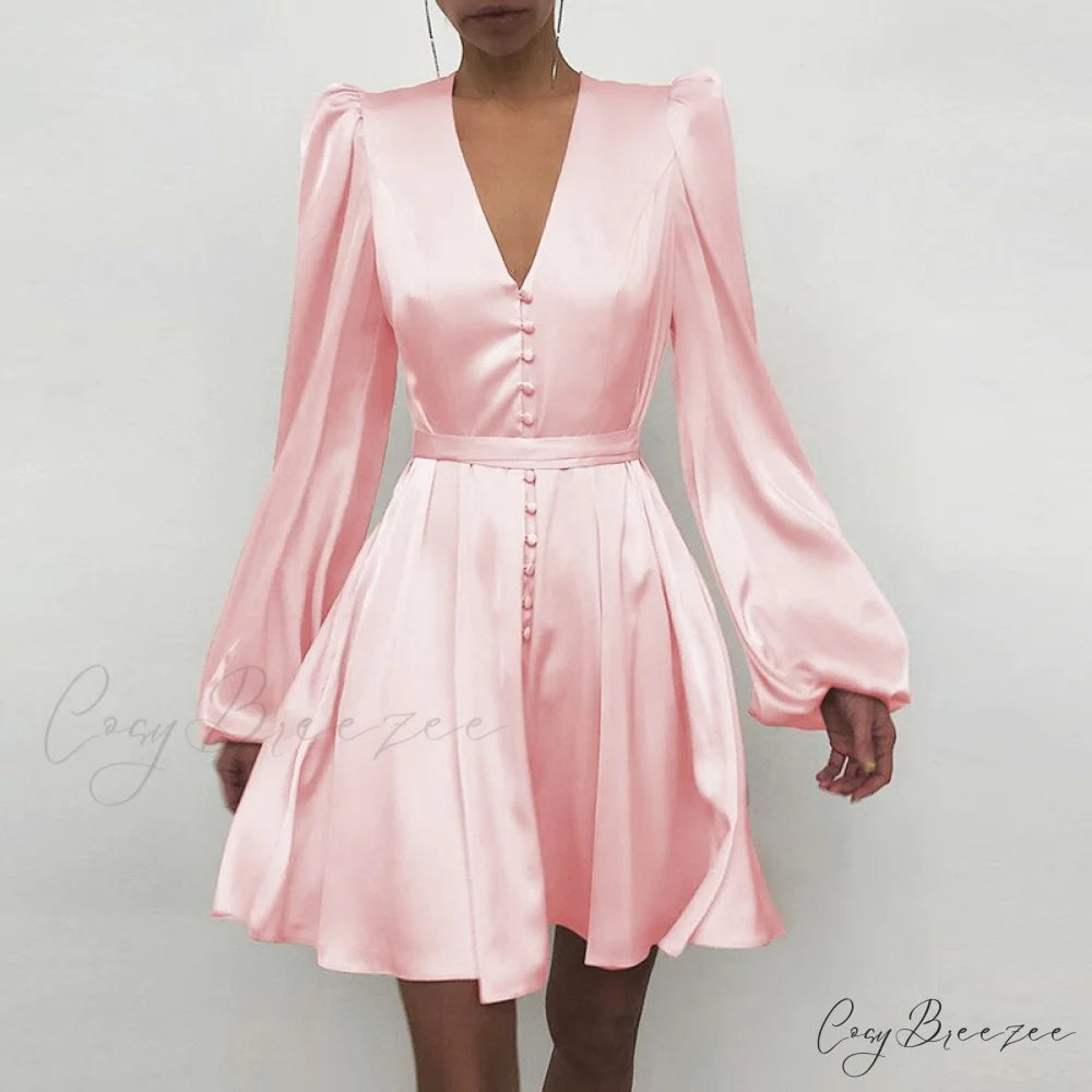 with Ruffle Lantern Gown Elegant Solid Women Sleeves Pink / S