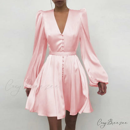 with Ruffle Lantern Gown Elegant Solid Women Sleeves Pink / S