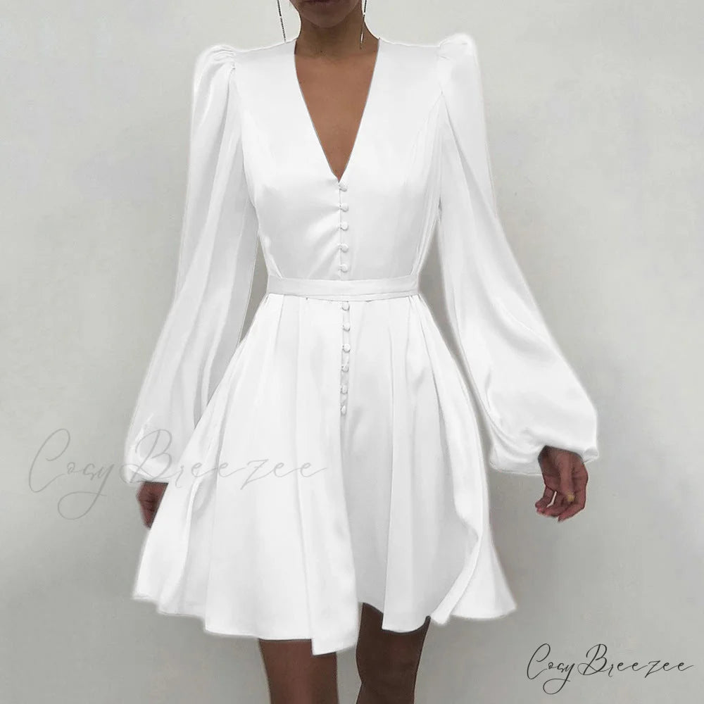 with Ruffle Lantern Gown Elegant Solid Women Sleeves White / S