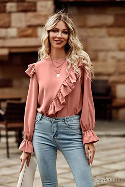 with Ruffled Long Top Arm Round Neck Coral / S