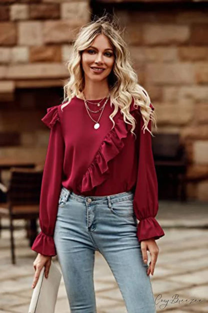 with Ruffled Long Top Arm Round Neck Deep Red / S