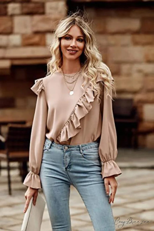 with Ruffled Long Top Arm Round Neck Tan / S