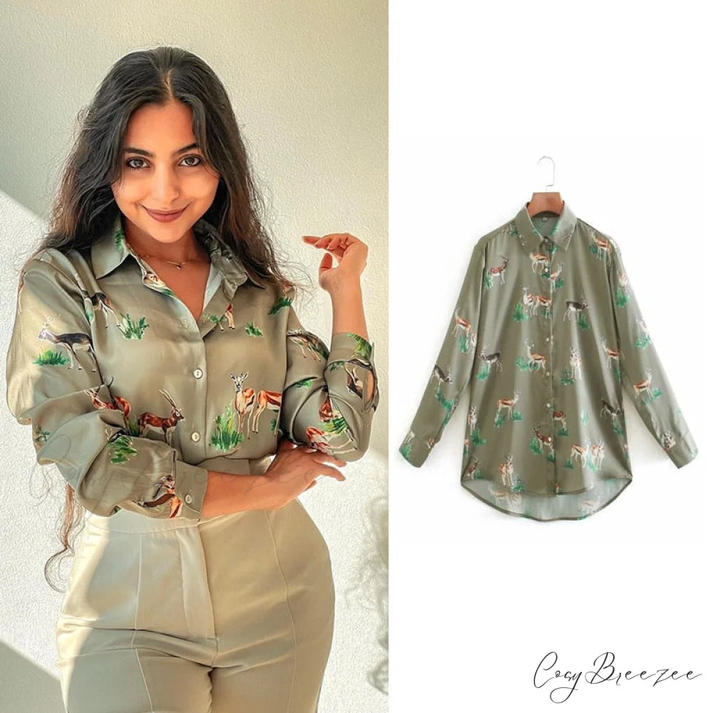 with Satin Blouse Design Arm - Long Women’s Zebra Top Army Green / XS