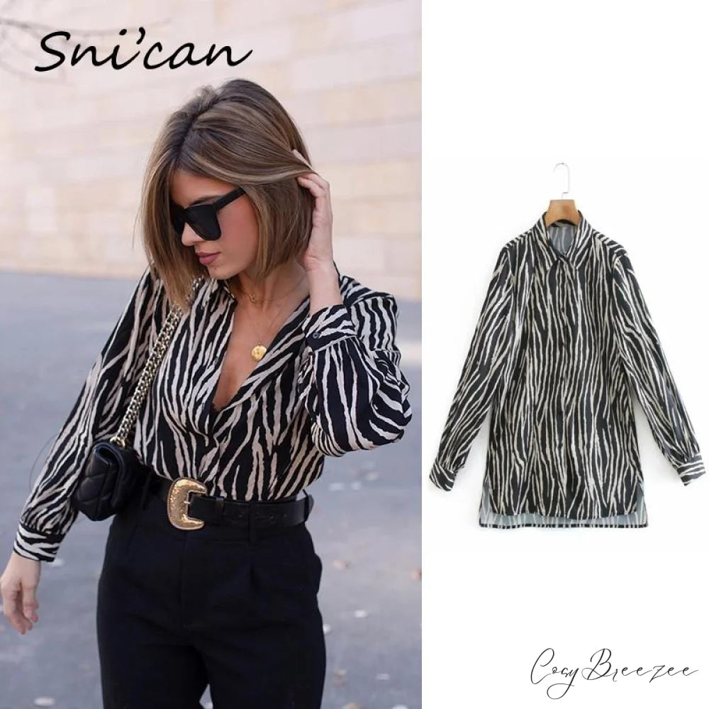 with Satin Blouse Design Arm - Long Women’s Zebra Top Beige Black / XS