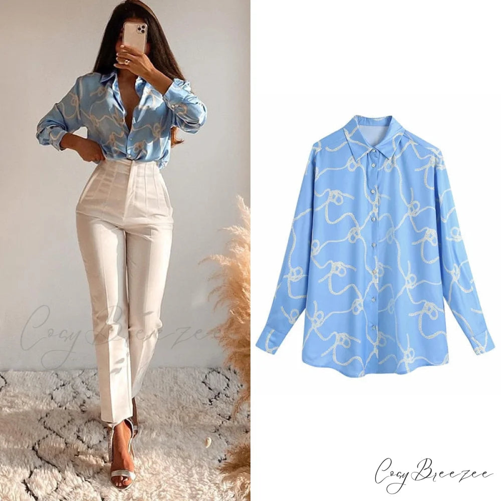 with Satin Blouse Design Arm - Long Women’s Zebra Top Blue-02 / XS