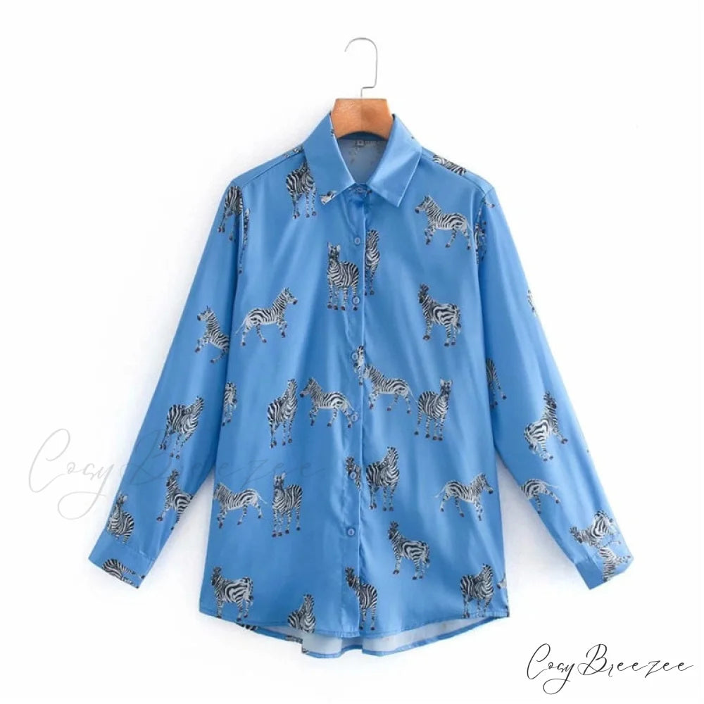with Satin Blouse Design Arm - Long Women’s Zebra Top Blue / XS